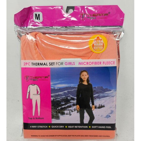 Girls Microfiber Fleece Thermal Long Johns 2-pc Set, Orange - Picture 1 of 4